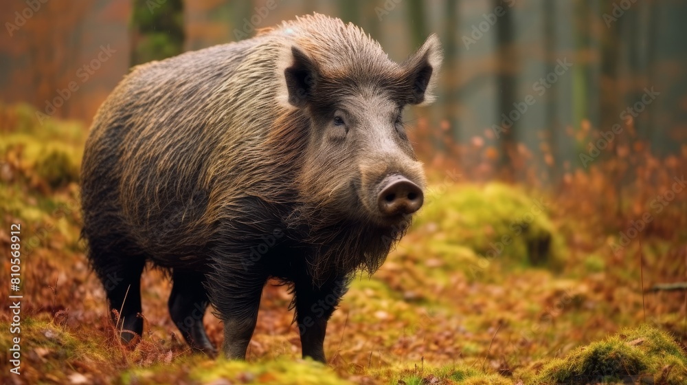 Wild boar in autumn forest