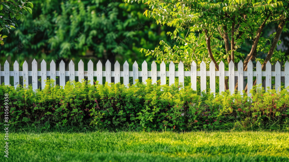 Green grass lawn and white picket fence with green bushes