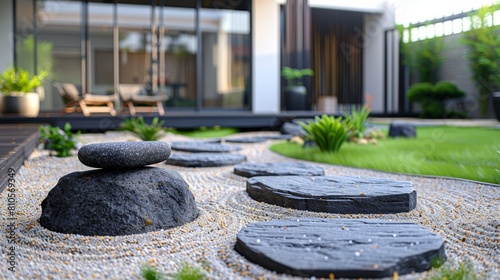  grass and rocks cover the ground; a chair sits in the background