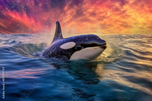 Orca whale breaching at sunset
