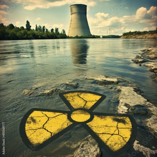 The photo shows a nuclear power plant with a large body of water in front of it. The water is contaminated with radioactive waste, as indicated by the yellow trefoil symbol. photo