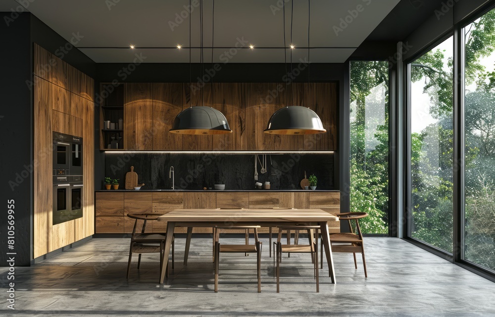 Modern minimalist kitchen with wooden cabinets and a dining table in a gray color Modern minimalist kitchen with wooden cabinets and a dining table in a gray color