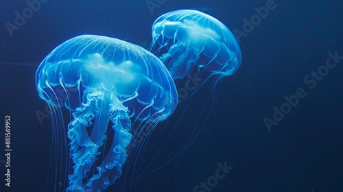  A tight shot of two jellyfish in the ocean, surrounded by blue water with bubbles at image's base