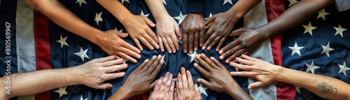 A powerful image of multigenerational  multicultural hands voting  backed by an American flag  representing democracy in action for the 2024 Presidential Election