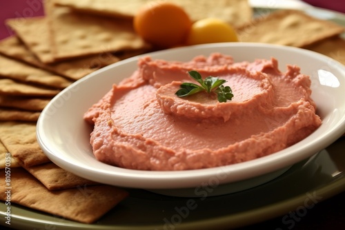 Delicious pink hummus dip with pita bread and fresh fruit