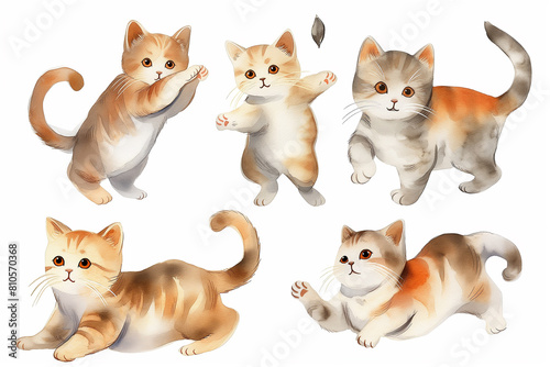A watercolor-style illustration featuring a set of six different cat actions
