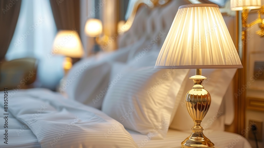 A bed dressed in a white bedspread, adorned with a gold table lamp at its endpoint, facing a mirror A bed dressed in a white bedspread, adorned with a gold table lamp at its endpoint, facing a mirror