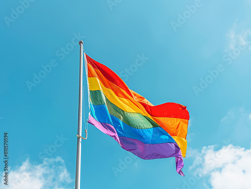 A photo of a pride flag on a blue sky,  Rainbow flag on sky
