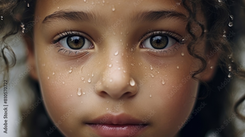 close-up portrait of a child with rain drops on face close-up portrait of a child with rain drops on face