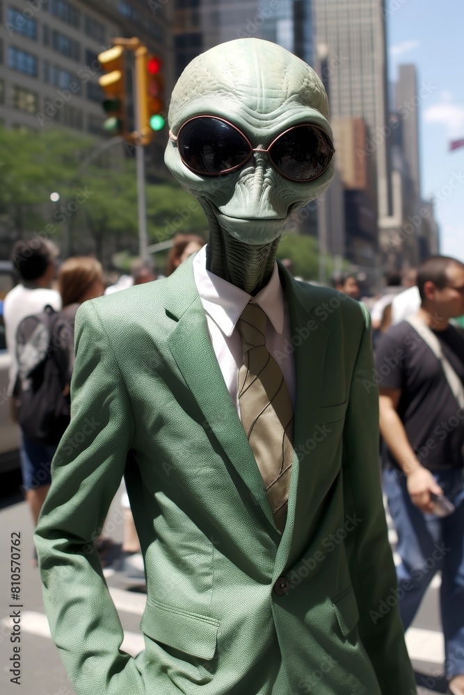 Alien businessman in suit and sunglasses walking in city Alien businessman in suit and sunglasses walking in city