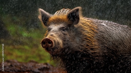 Wild boar in the rain