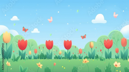   A field filled with red and yellow tulips beneath a blue sky A butterfly flies above #810570943