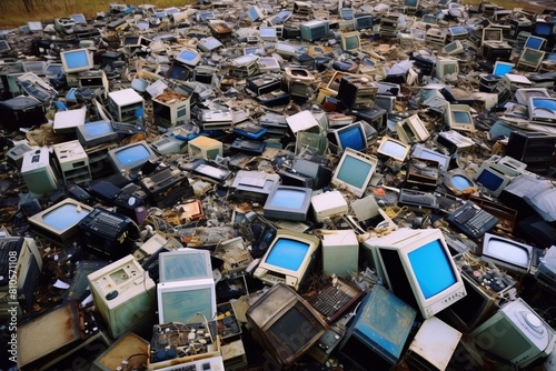 Piles of discarded electronic devices and computers