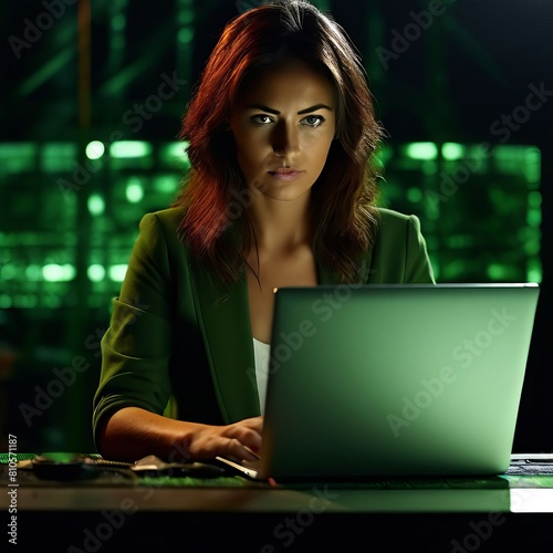  close up of a woman with a serious expression working on a lapt photo