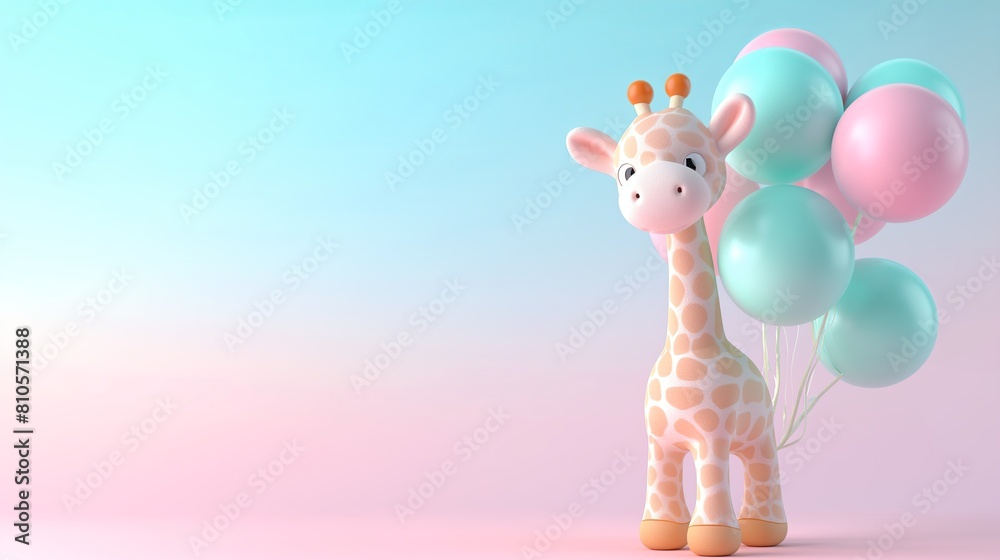 Fototapeta premium Adorable Giraffe Cartoon with Birthday Hat . cute animal with balloons for birthday card