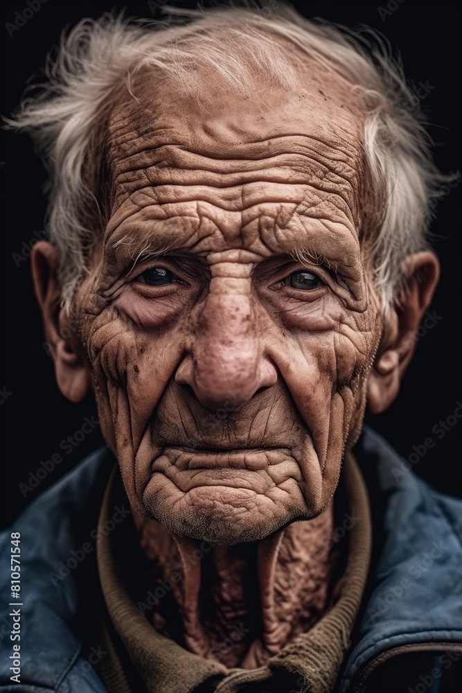 Close-up portrait of an elderly man with weathered facial features Close-up portrait of an elderly man with weathered facial features