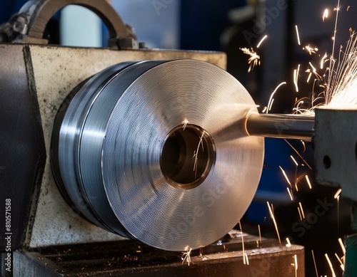 A closeup of an aluminum spool turning on the lathe, with sparks flying around it in blue and white tones. The background is dark and blurred, creating depth. photo