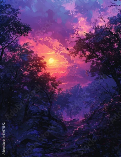 The image shows a beautiful sunset in the middle of a forest