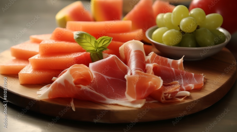 Assorted fresh fruits and cured meats on a wooden platter Assorted fresh fruits and cured meats on a wooden platter