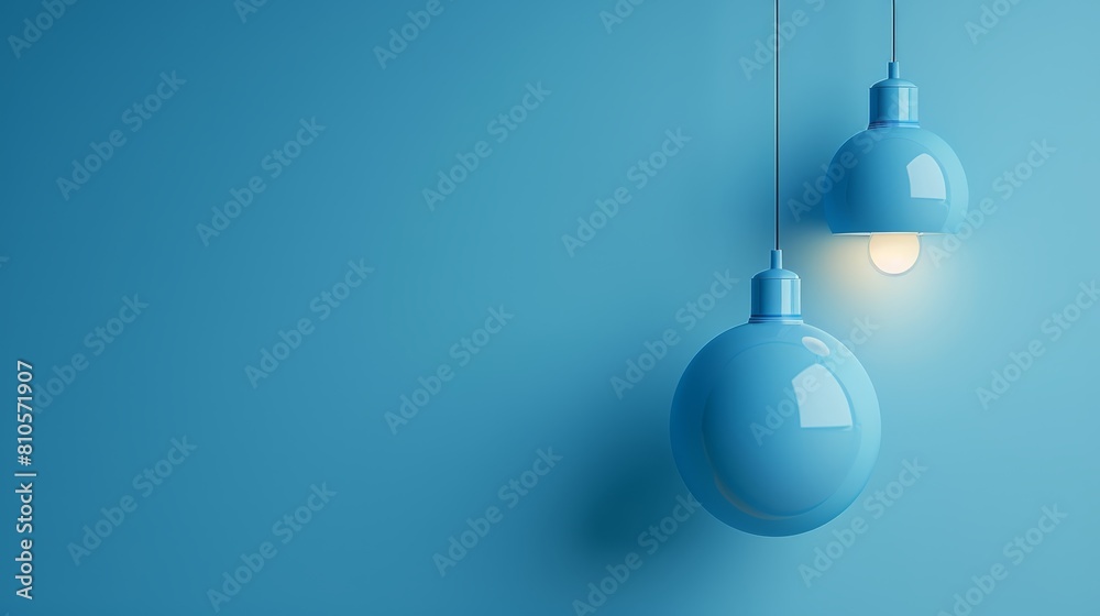 Two blue lights suspended from a single blue wall Adjacent to another blue wall, a white light is mounted Two blue lights suspended from a single blue wall Adjacent to another blue wall, a white light is mounted
