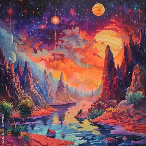 The image is an abstract landscape painting. It depicts a colorful, alien landscape with a river running through it. The sky is filled with stars and planets.