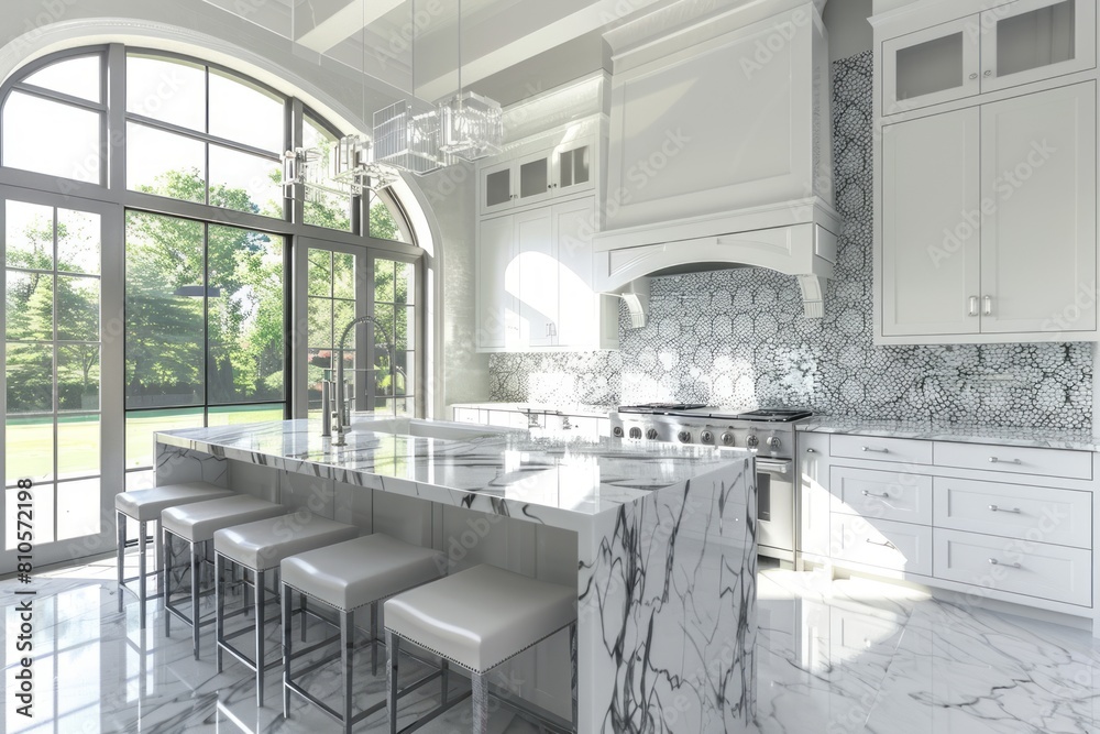 White kitchen with a marble island and barstools in the center, large windows on the left side White kitchen with a marble island and barstools in the center, large windows on the left side