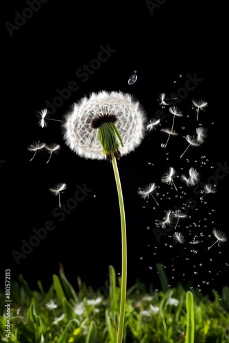Dandelion flower with seeds blowing in the wind