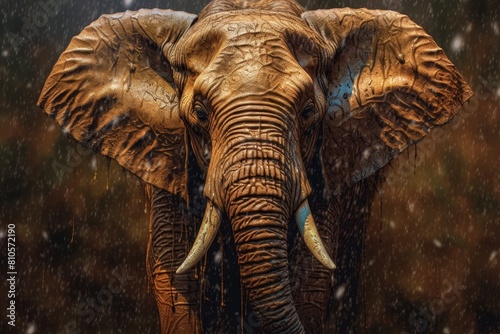 Powerful elephant standing in the rain