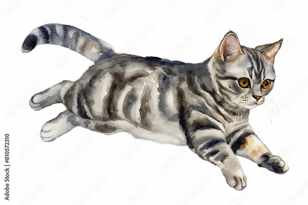 The image features a grey American Shorthair cat depicted in a delicate watercolor style. The image features a grey American Shorthair cat depicted in a delicate watercolor style.