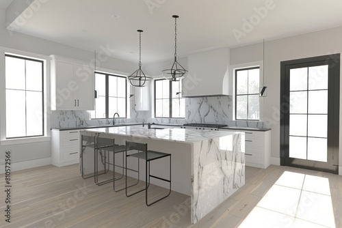 White kitchen with a marble island and barstools in the center. The walls have a light gray marbled wallpaper