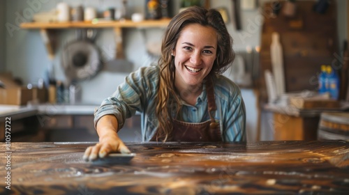 Smiling young woman polishing an old wooden table The world of home additions DIY transformation of furniture renovation photo
