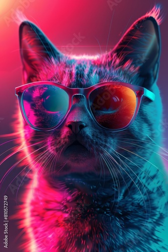 Portrait of a cat with red glasses on a pink background. © cristian