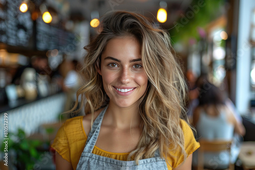 Portrait of a beautiful woman working in a restaurant, wearing an apron and a yellow shirt smiling at the camera. Created with Ai