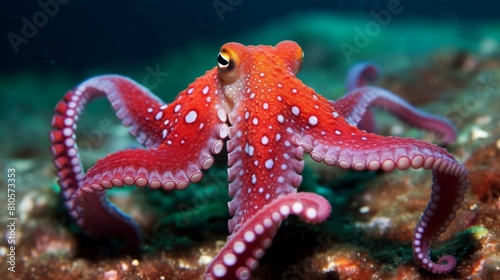 Vibrant red octopus with white spots in underwater scene