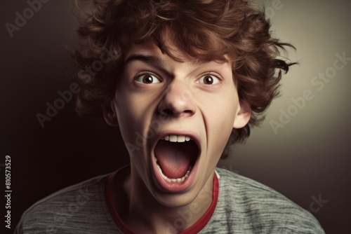 Surprised and shocked facial expression of a young boy photo