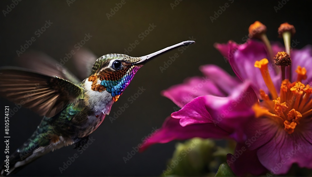 humming bird feeding on purple flowers, close up humming bird, humming bird portrait, made with AI generative