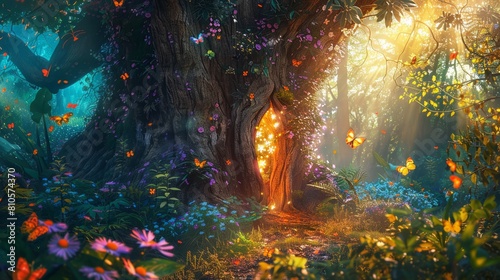 Enchanted tree trunk with glowing doorway and magical butterflies in a vibrant forest glade under soft sunlight.