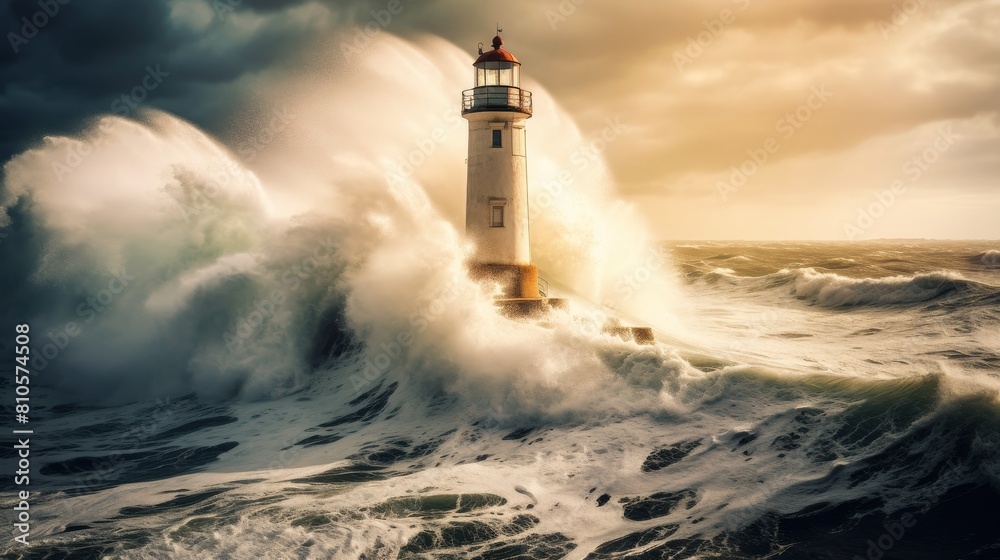Powerful lighthouse standing against stormy ocean waves