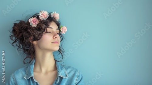   A woman wearing a denim shirt over her head with a flowery hairpiece in her bun photo