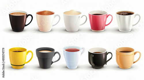 Set of different cups on white background