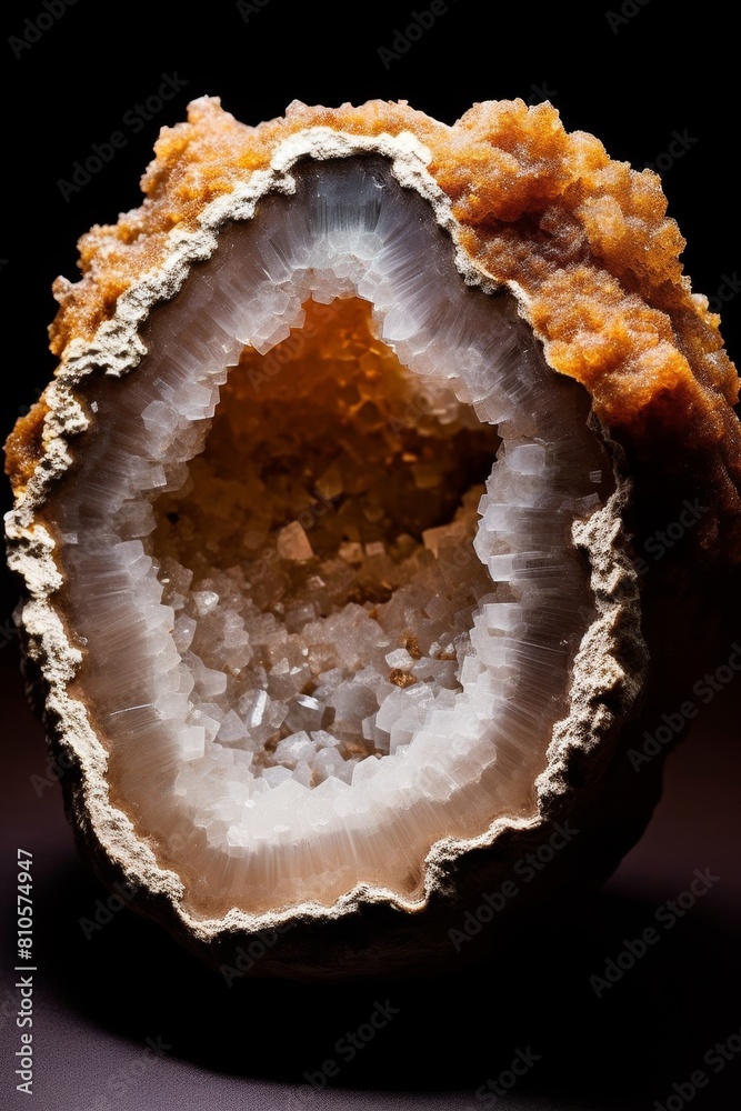Stunning geode crystal formation with vibrant orange and white quartz Stunning geode crystal formation with vibrant orange and white quartz