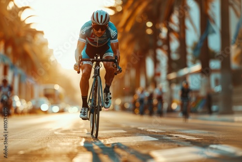 Wallpaper Mural A professional cyclist races against the sunset along an urban coastal road, showcasing speed and determination. Torontodigital.ca