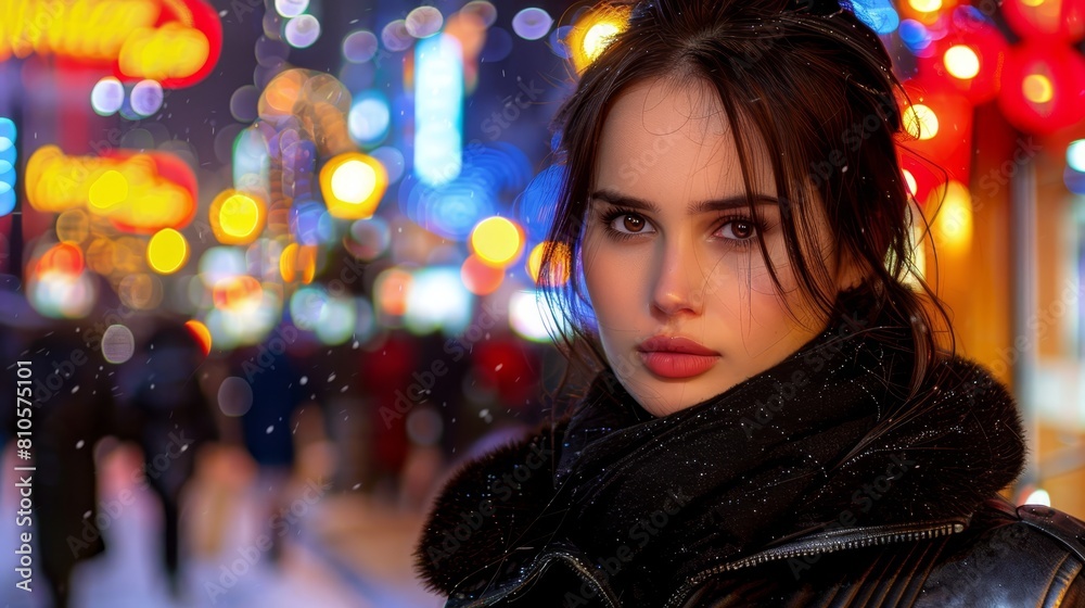 A woman in a leather jacket stands before a city street at night Neon lights illuminate the background A woman in a leather jacket stands before a city street at night Neon lights illuminate the background