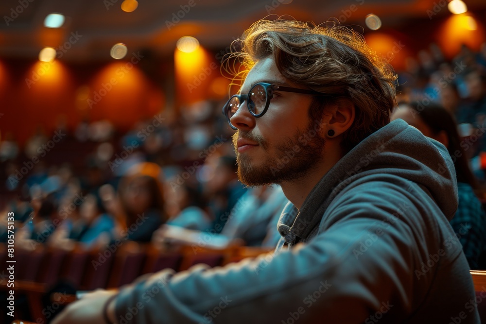 A young man at a conference attentively listening, immersed in the learning experience amidst an audience.