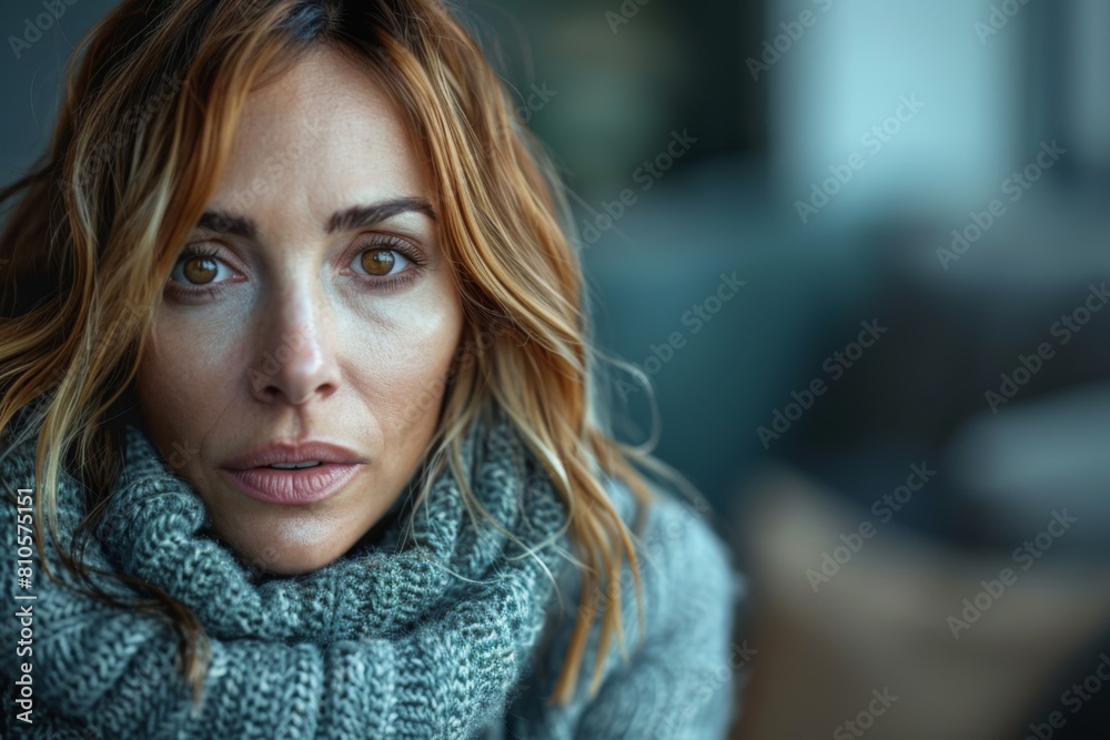A woman wrapped in a cozy, textured scarf gazes thoughtfully, her expression conveying deep reflection and emotion. A woman wrapped in a cozy, textured scarf gazes thoughtfully, her expression conveying deep reflection and emotion.