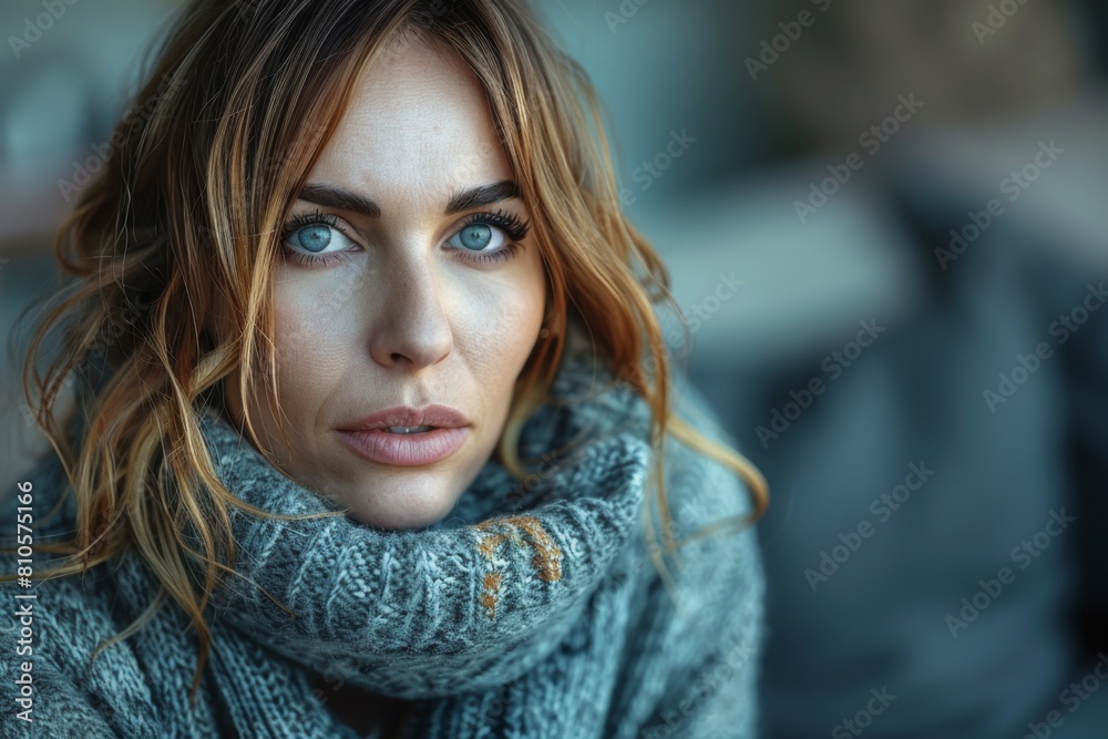 A woman wrapped in a cozy, textured scarf gazes thoughtfully, her expression conveying deep reflection and emotion. A woman wrapped in a cozy, textured scarf gazes thoughtfully, her expression conveying deep reflection and emotion.
