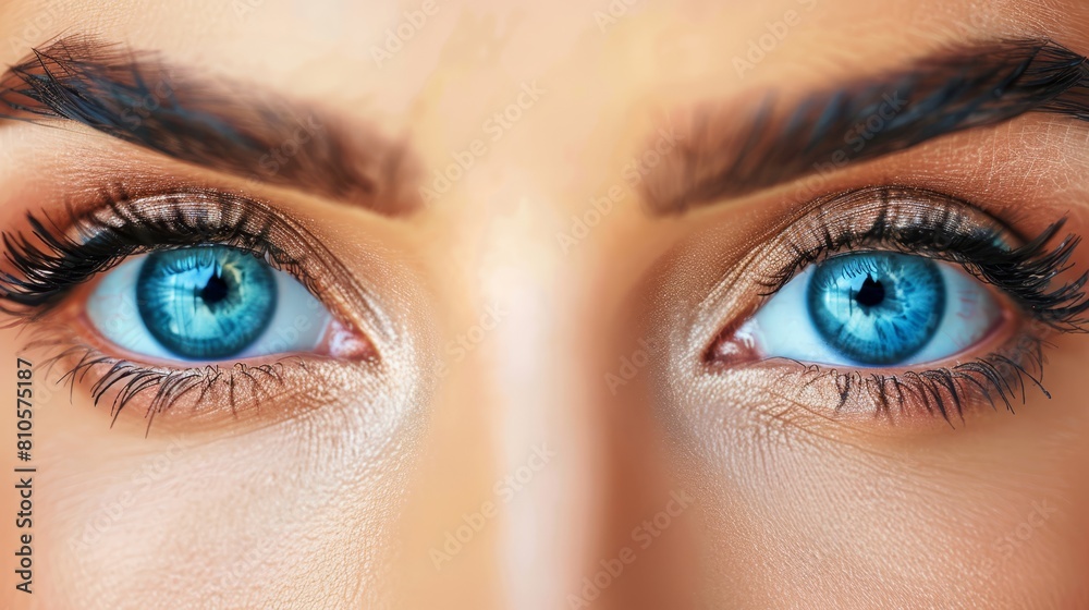 Fototapeta premium A tight shot of a woman's blue eye, adorned with lengthy lashes above and below