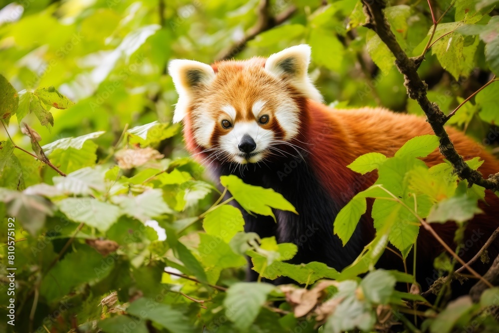 Curious red panda peeking through green leaves Curious red panda peeking through green leaves