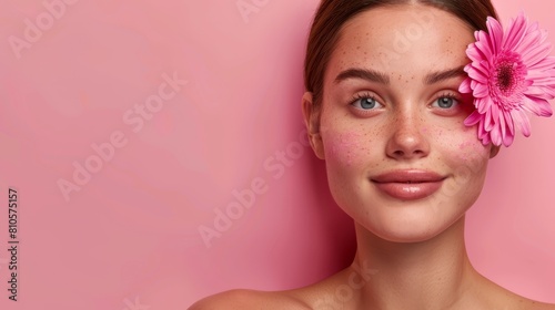   A woman with freckles on her face holds a pink flower before a pink backdrop