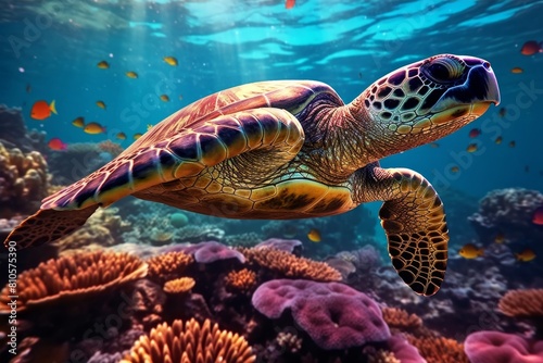 Colorful sea turtle swimming in coral reef